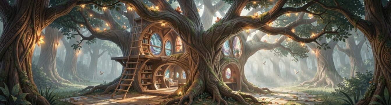 Enchanted treehouse in mystical forest with glowing lights and magical atmosphere