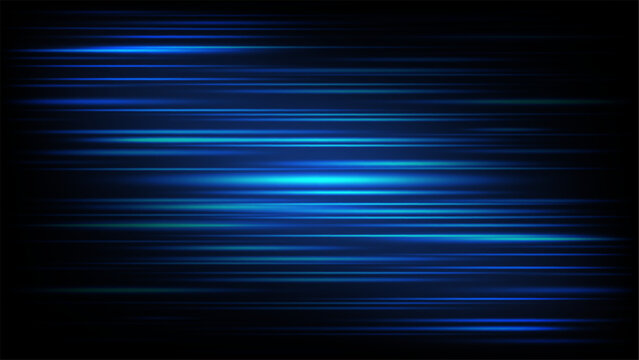 Abstract blue light trails and glowing horizontal lines on dark background high speed technology motion and futuristic digital energy