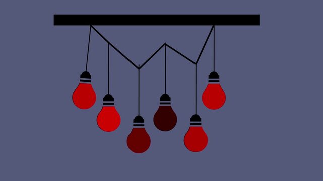 Newton's Cradle with Red and Dark Red Light Bulbs Swinging on a Dark Blueish Gray Background Representing Ideas and Momentum Keywords: newtons cradle, light bulbs, red, dark red, dark