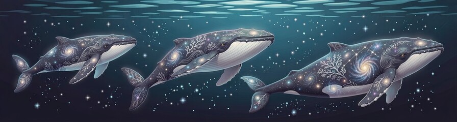Fototapeta premium Cosmic whales swimming in starry ocean fantasy scene