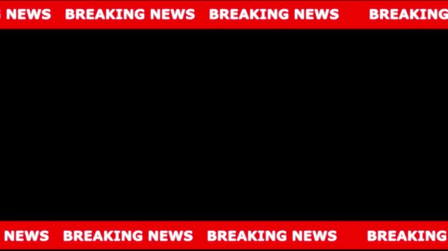 Red and white breaking news overlay with a solid black background for text or insertion Keywords: breaking news, news alert, urgent, headline, announcement, television, broadcast, media