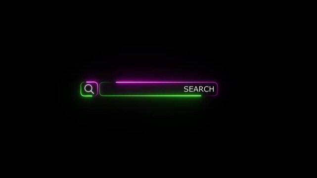 Neon search bar with magnifying glass and search button glowing in vibrant purple and green on a dark black background, digital interface