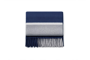 Luxurious navy blue and grey striped throw blanket with fringe detail