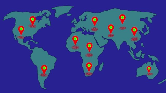 A stylized map with multiple red and green location pins marking various continents and countries on a deep blue background representing global connectivity and travel destinations