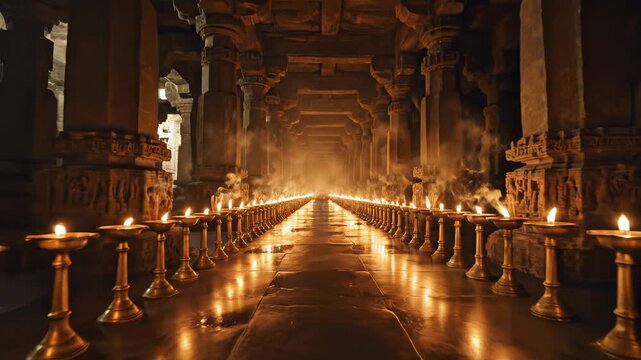 Ancient Stone Temple Corridor Illuminated by Rows of Brass Oil Lamps Creating a Mystical and Spiritual Atmosphere with Ornate Pillars and Stone Carvings