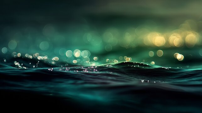 A dark and mysterious ocean scene with sparkling water and blurred lights in the background at night