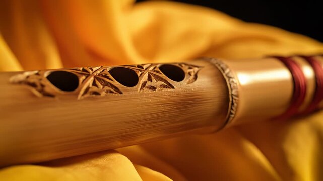 Close Up of a Bamboo Flute with Intricate Carvings and Red Thread Wrapping Against a Soft Yellow Fabric Background Illuminated by Warm Light