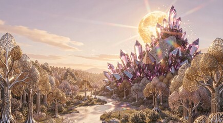 Naklejka premium Enchanted crystal forest with sparkling sunlit gems and magical landscape