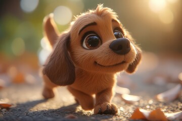 Adorable cartoon dog in autumn scene.