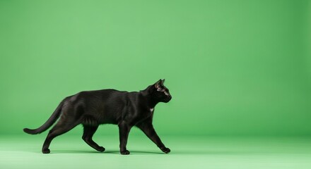 Black cat walking on green background studio.