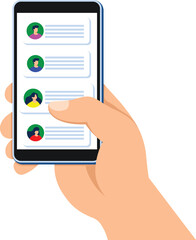 Fototapeta premium hand holding mobile sms chat employee data touch mobile device colleague
