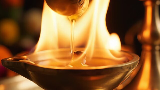 CloseUp Of Golden Oil Being Poured Into An Oil Lamp With Flames Dancing And Soft Bokeh Background Lighting In Warm Tones