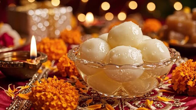 Glass Bowl Rasgulla With Marigold Petals And Glowing Diya, SyrupGlazed Indian Sweet On Embroidered Cloth, Bright Orange Flowers And Candlelight, Delicate Pistachio Garnish, Warm Welcoming Festival.