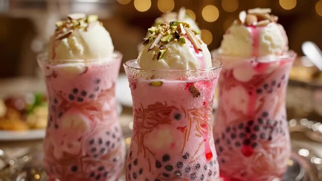 Three Pink Falooda Glasses Topped With Vanilla Scoops And Crushed Pistachio On Ornate Silver Tray, Soft Bokeh Lights, Cozy Cafe Styling, Artisan Chef Plating Romantic Dessert Moment.