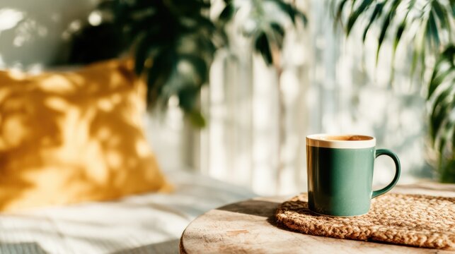A cozy scene with a steaming green mug on a wooden table, surrounded by soft sunlight and shadows, creating an inviting atmosphere for a peaceful morning routine.