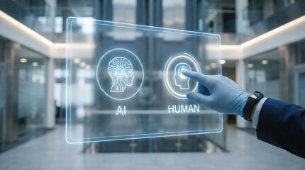 Person wearing glove interacts with futuristic digital interface, choosing between AI and human options. setting is modern office environment, highlighting technology and decision making