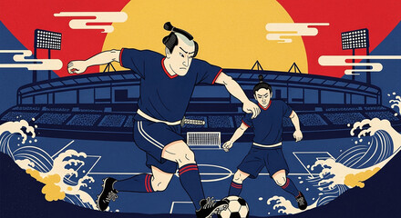 イラスト：スタジアムを駆けるサッカー選手・浮世絵風アート