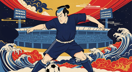 サッカーのイラスト：スタジアムを支配する侍