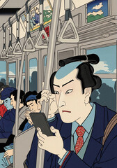イラスト：浮世絵風に描かれたビジネスマンの通勤風景・電車内