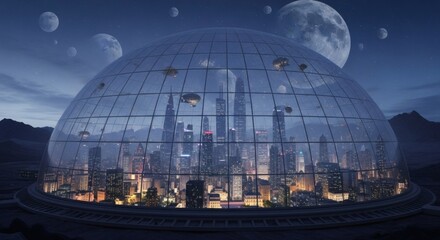 Fototapeta premium A futuristic cityscape enclosed in a large glass dome under a night sky with multiple moons.