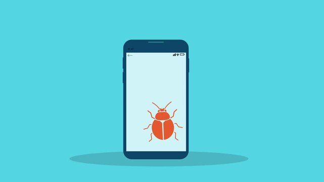 Smartphone displaying bug alert symbol on screen, representing mobile application error detection, debugging process, and software testing concept.
