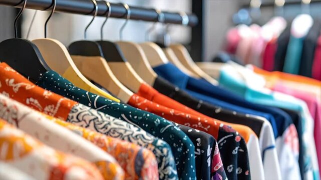 A collection of patterned shirts hang on wooden hangers in a clothing store, varied colors
