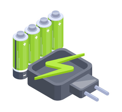 Alkaline batteries charger. Isometric charging accumulators, electric charging equipment 3d flat vector illustration. Charging batteries on white