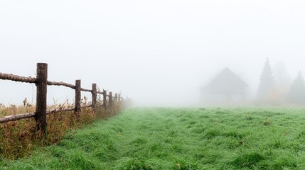 A mist-shrouded landscape reveals a rustic home barely visible through the dense fog, invoking feelings of isolation and the enchanting mystery of nature's elements.