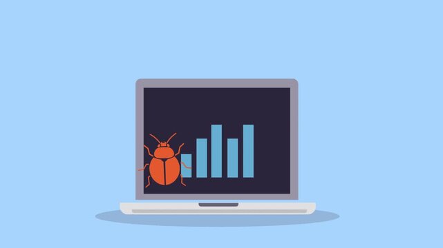 Laptop displaying analytics chart with bug symbol, representing software debugging process, system monitoring, and programming error detection.
