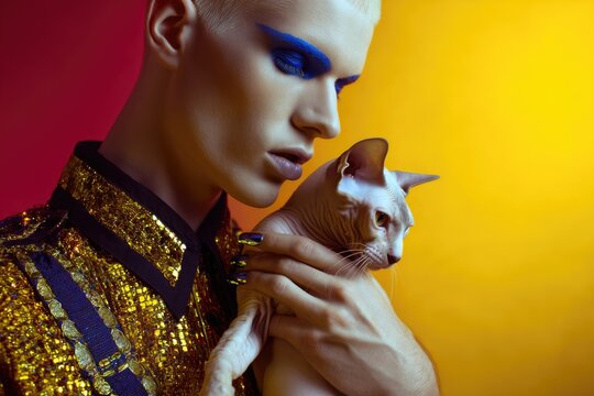 Albino male model with electric blue eyebrows and chrome nails, holding a hairless cat like a royal object, saturated crimson and acid yellow background, fetish fashion lighting, glossy skin, uncanny