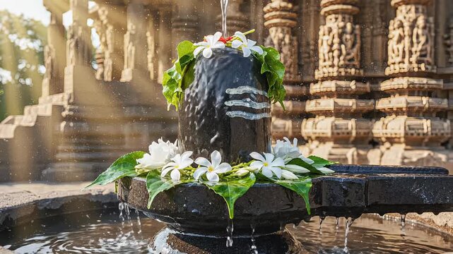 Sacred Shiva Lingam adorned with white flowers and green leaves receives purifying water stream with sun rays filtering through ancient stone temple ruins in India
