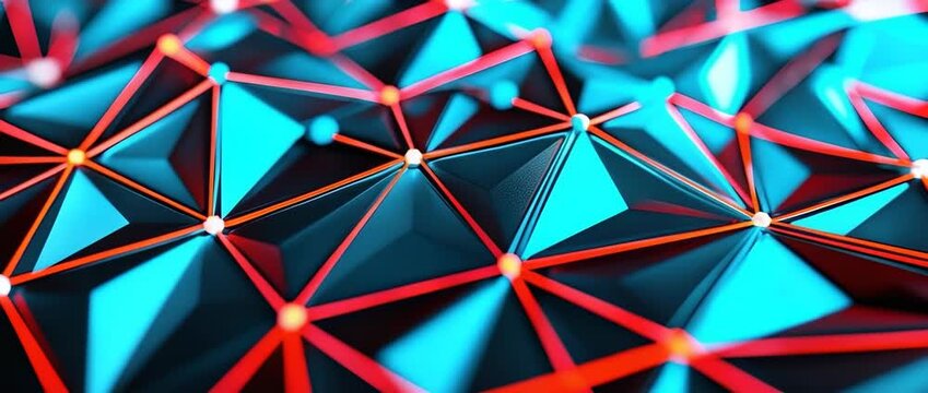 Abstract dark geometric network pattern with glowing blue triangles and red connections