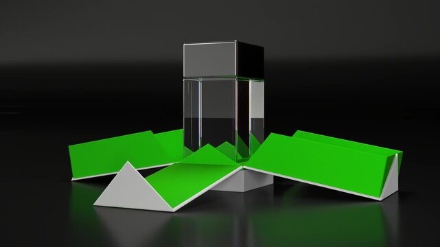 Opening a rectangular folding gift box in white and green, inside which is a clear rectangular bottle with a silver cap. 3d animation on black background