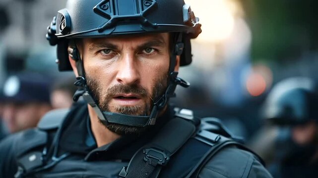 Dramatic close-up of soldier in tactical gear pointing at camera, faceless intense gesture, law enforcement confrontation, security training scenario, direct engagement moment, wit