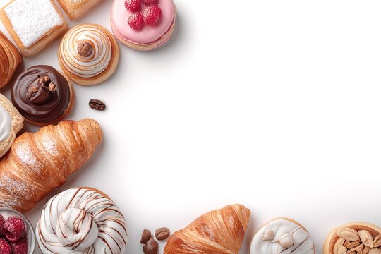 top view various baked items are arranged on white background with copy space. Croissants, pastries, and cakes create display of colors and textures. Some have toppings like chocolate and fruits