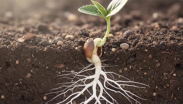 Time lapse of a seed germination and growing with roots from underground view.
