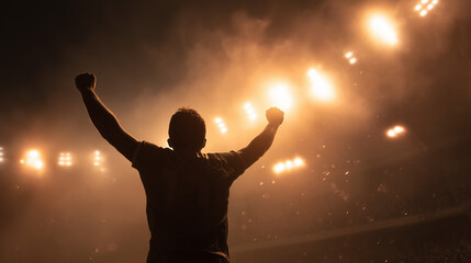 Inspiring silhouette of a soccer player raising both arms in triumph against a golden stadium backdrop, representing victory, passion, and the peak of athletic achievement.