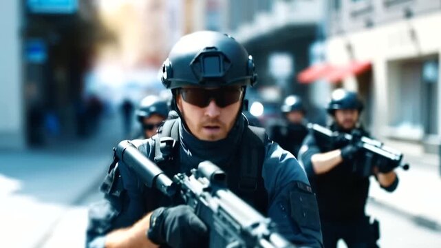 Defocused officers practicing tactical entry, blurred law enforcement training, security operation drill, team coordination exercise, emergency response preparation, with copy spac