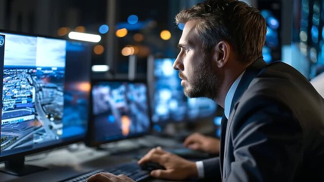 Faceless security officer monitoring multiple surveillance feeds, control room screens, cybersecurity operations, crime prevention technology, law enforcement command center, with