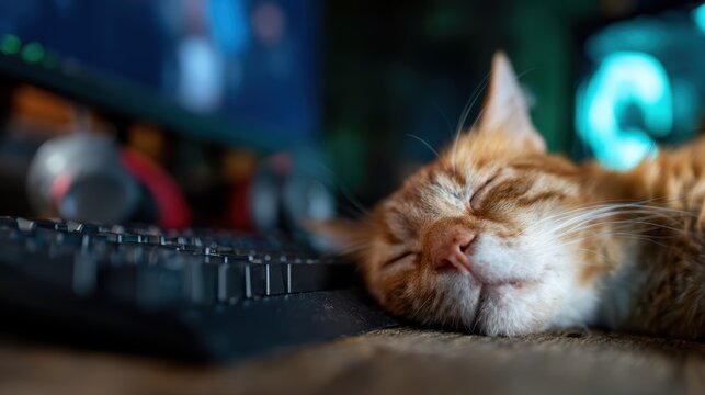 A cute ginger cat dozes peacefully next to a computer keyboard, creating a cozy and serene work-from-home atmosphere that's perfect for animal lovers and remote workers alike.