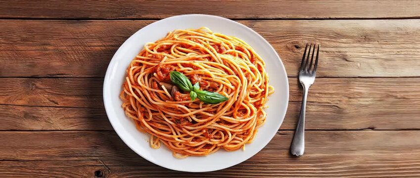 Plate of spaghetti with tomato sauce and basil garnish on rustic wooden table beside  fork