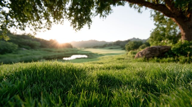 A serene view of a sunset illuminating a verdant landscape with an amicable pond, highlighting the beauty of nature and tranquility in the great outdoors.