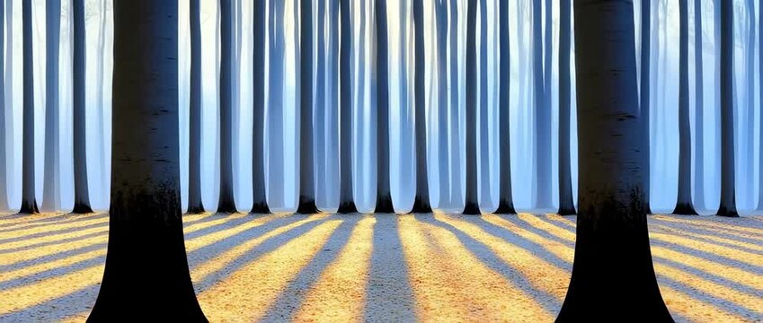 Vertical tree trunks create dramatic shadows across bright low angle sunlight on  forest floor