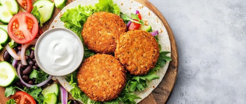 Three golden brown veggie patties served on  flatbread with fresh vegetables and white dipping sauce