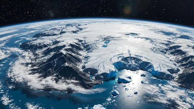 Aerial view of frozen Earth, ice mountains, ocean, and starry sky