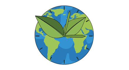 Obraz premium A graphic illustration of the Earth as a clock with green leaves, symbolizing environmental awareness and the urgency of climate action.