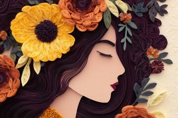 Intricate paper filigree artwork depicts a woman's profile adorned with elaborate floral arrangements