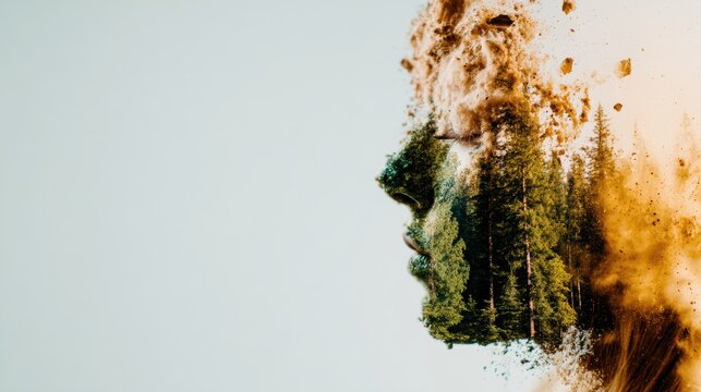 An artistic double exposure captures the essence of a woman's profile filled with lush greenery, symbolizing the connection between humanity and nature in a visually striking and serene manner.