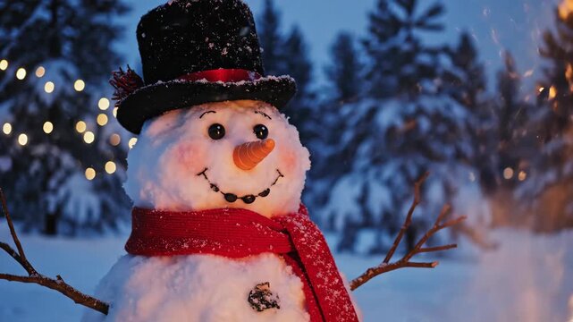Cheerful Snowman with Black Top Hat and Carrot Nose Stands in Front of Warm, Glowing Fire, Surrounded by Falling Snowflakes, Creating Cozy Winter Scene and Capturing Cheerful Atmosphere video