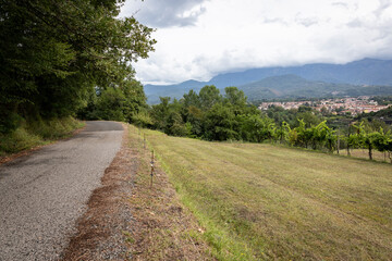 Strada Provinciale di Canossa paved road with a view to Villafranca in Lunigiana, Province of Massa and Carrara, Tuscany, Italy
